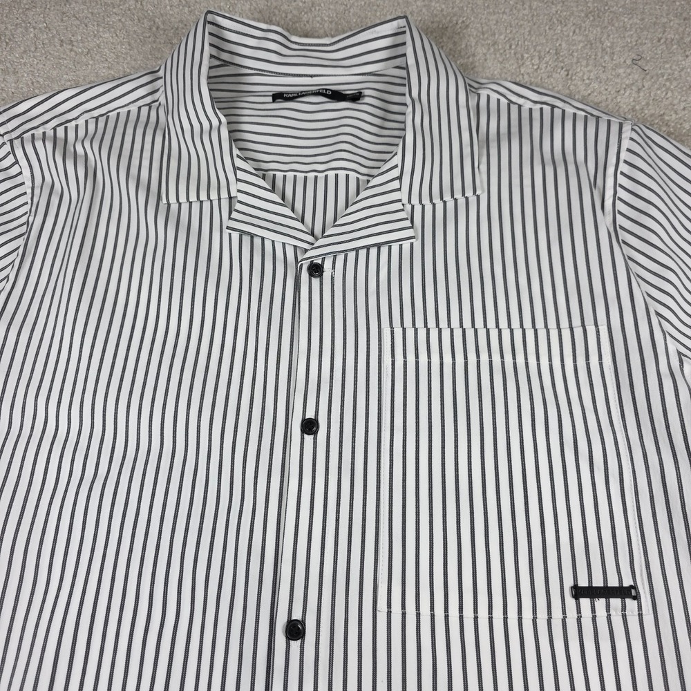 Karl Lagerfeld Button Down Shirt Women XXL White Black Striped Camp Collar Short